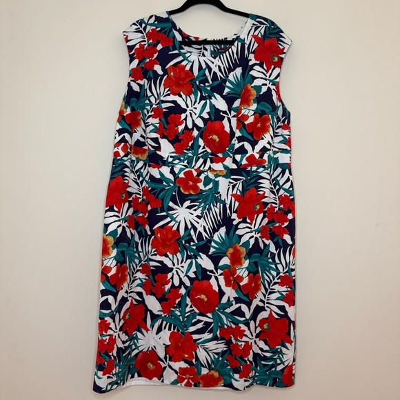 JESSICA LONDON Linen Blend Tropical Beach Red Floral Structured Shift Midi Dress - Picture 1 of 8